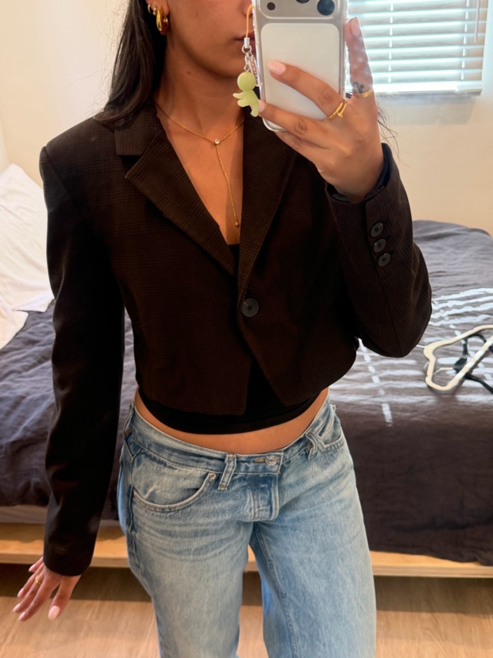 Zara Cropped Black Plaid Blazer Jacket